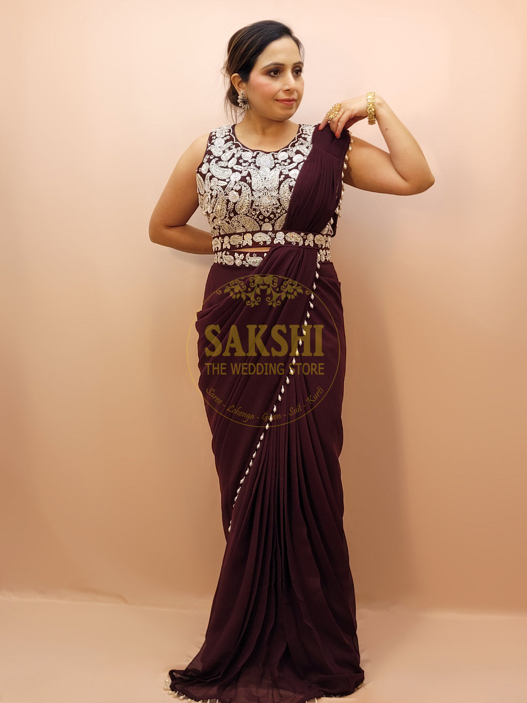 Designer Purple Drape Saree with Heavy Embroidered Blouse.