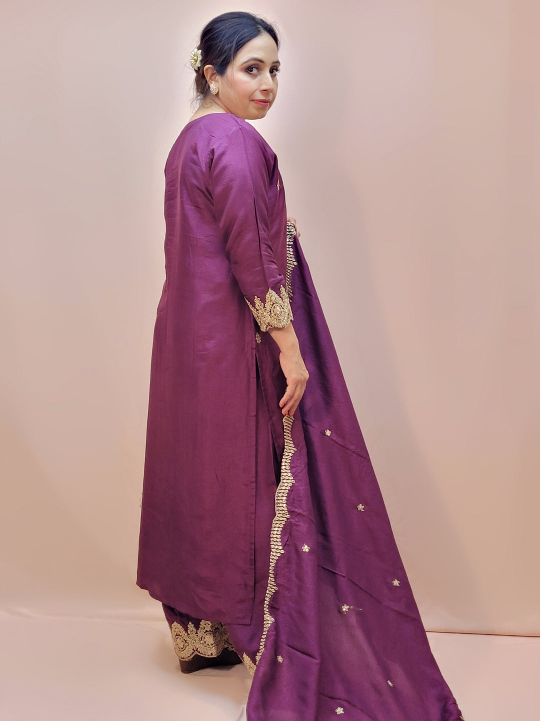 Embroidered Purple Palazzo Suit