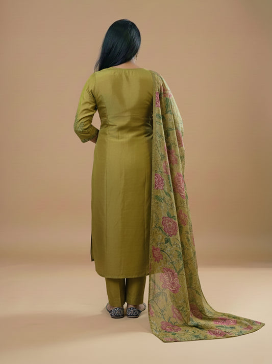 Mehendi Green Straight Suit Set with Floral Dupatta