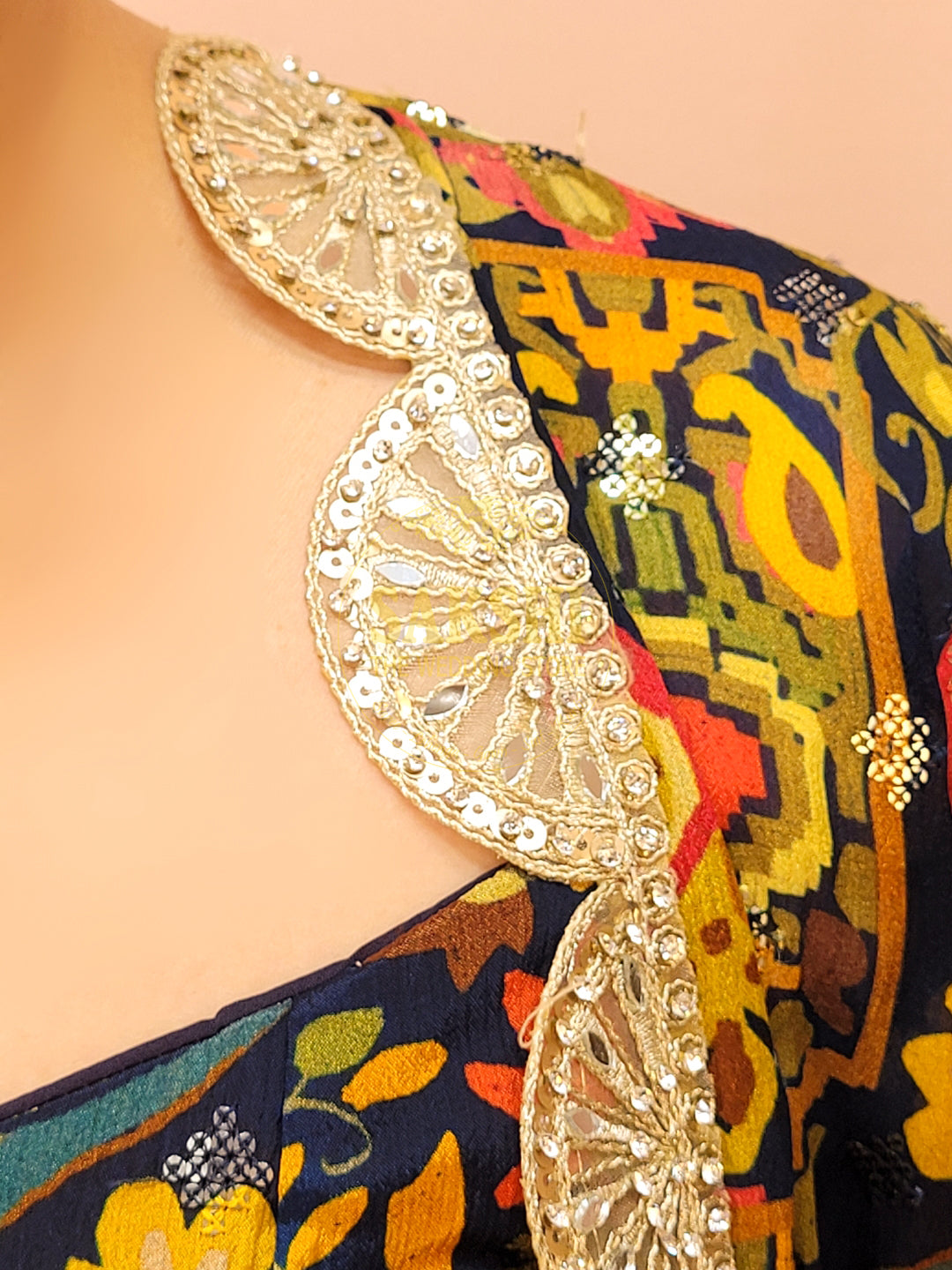 Indo Western Cowl Skirt with Printed Blouse and Shrug