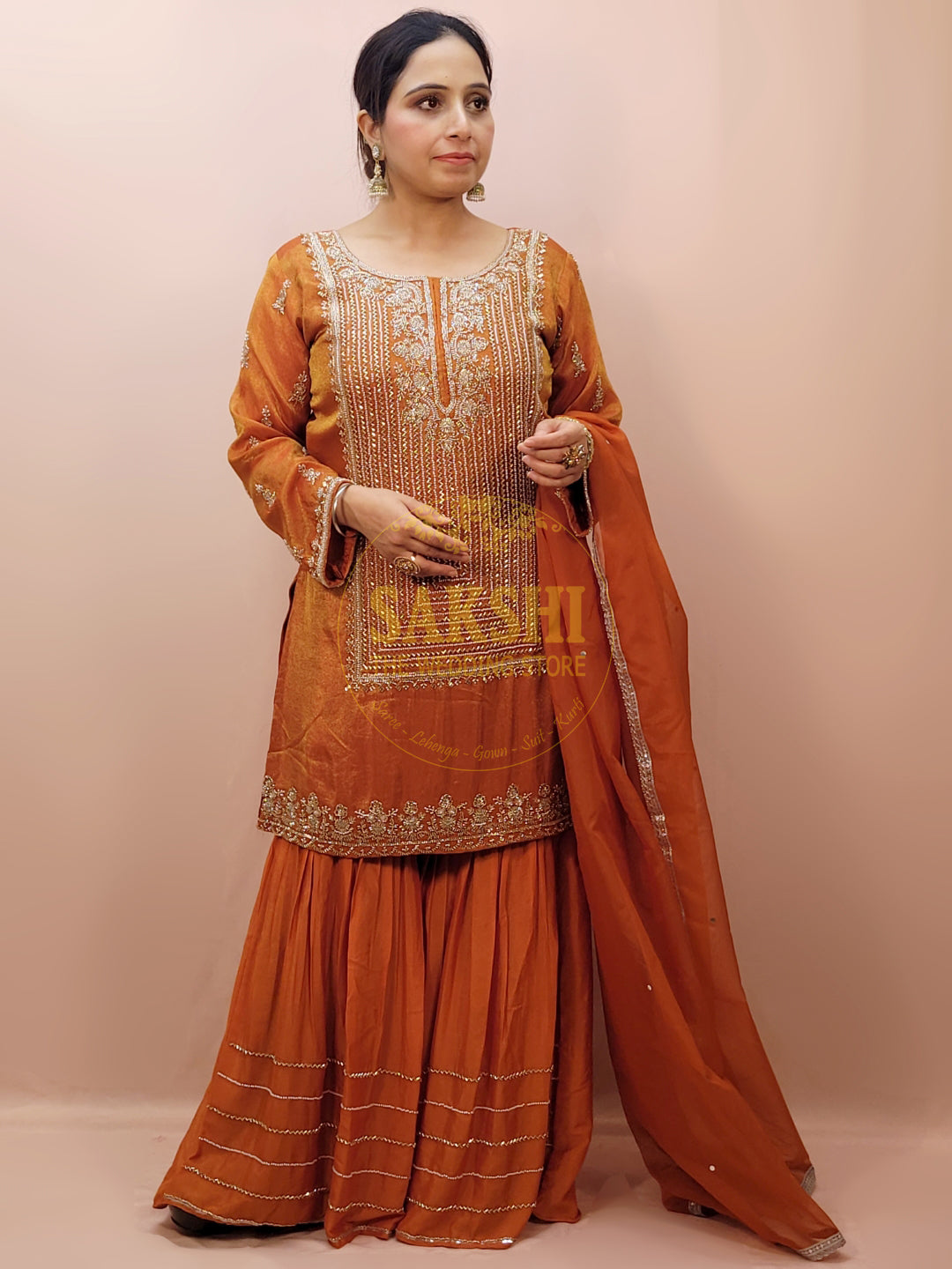 Rust Orange Sharara Suit with Beads Embroidery