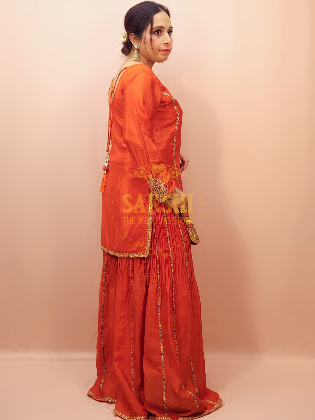 Rust Orange Sharara Dress with Multicolor Embroidery