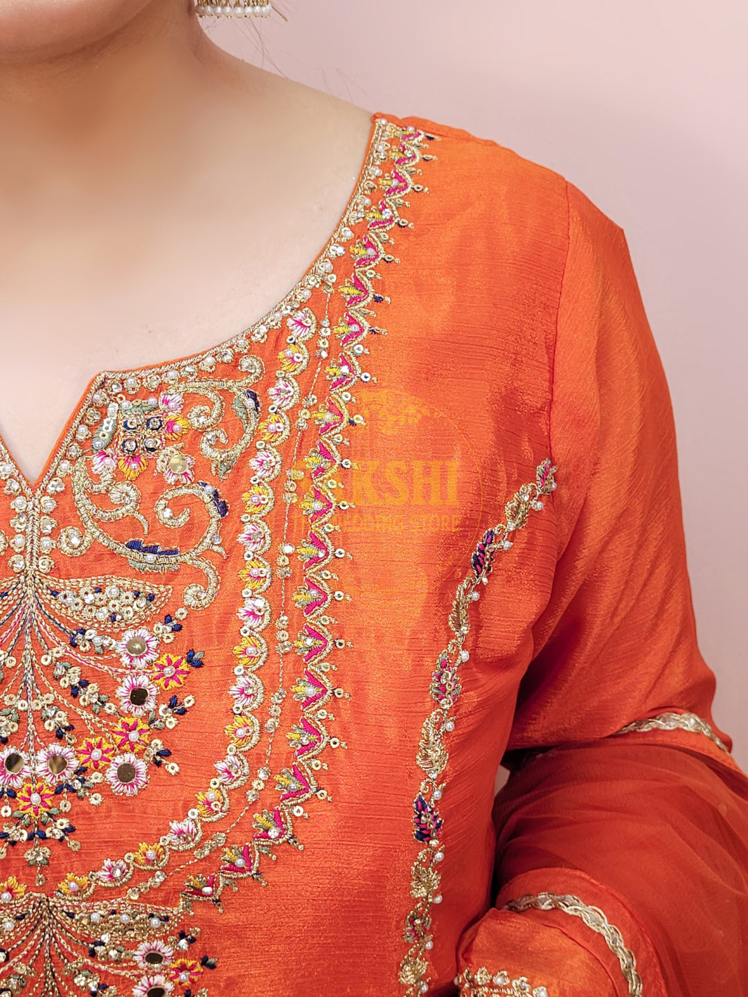 Rust Orange Sharara Dress with Multicolor Embroidery