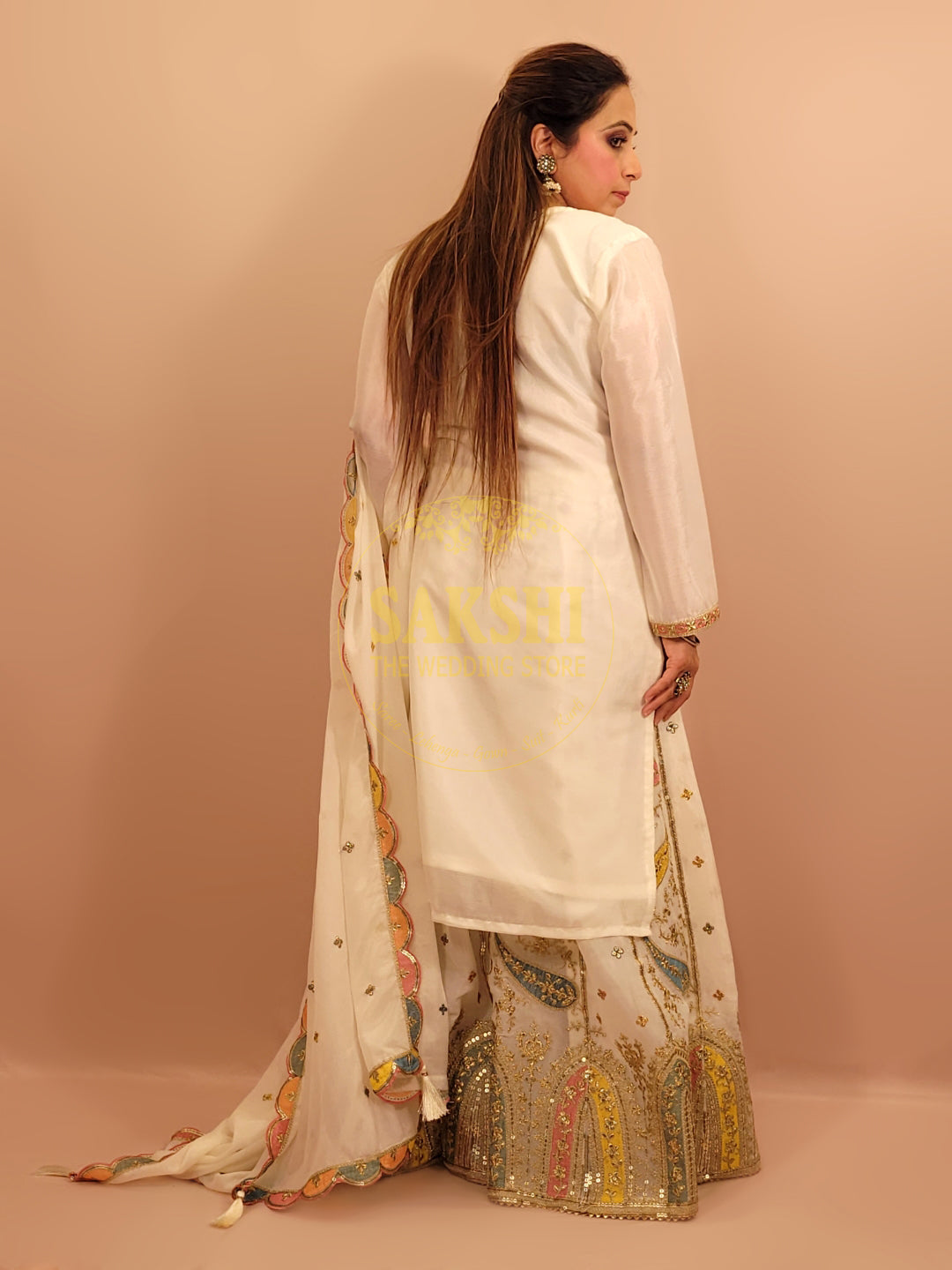 White Chinnon Pakistani Sharara Suit