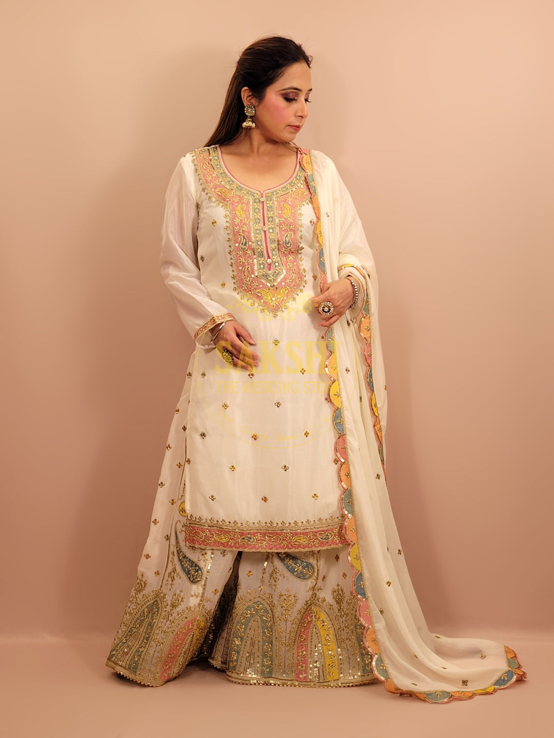 White Chinnon Pakistani Sharara Suit
