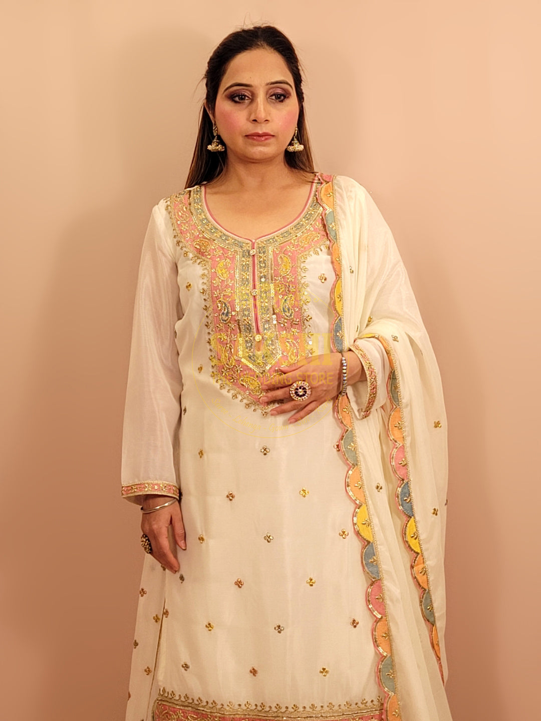 White Chinnon Pakistani Sharara Suit
