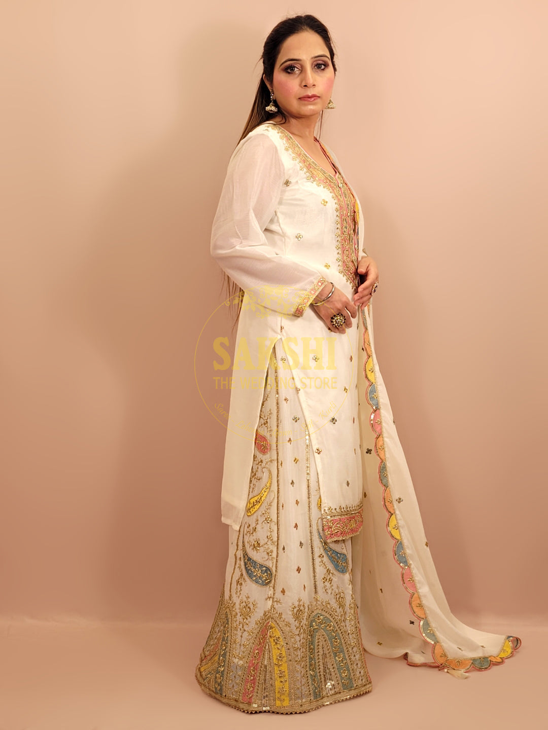 White Chinnon Pakistani Sharara Suit