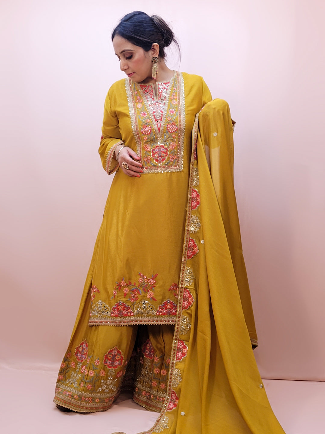 Yellow Chinon Wedding Suit for Women
