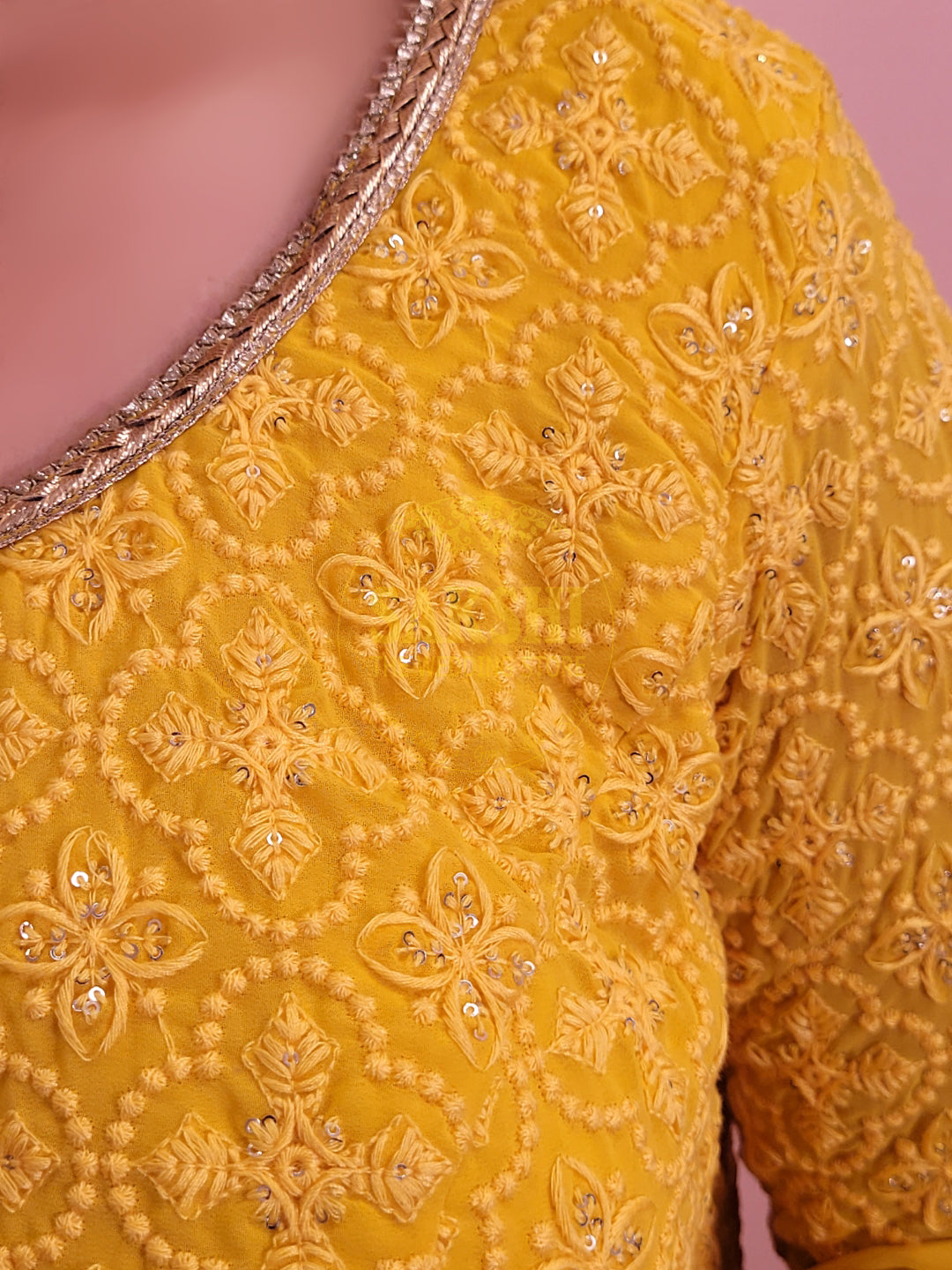 Elegant Yellow Chinnon Anarkali Suit with Chikan work Choli