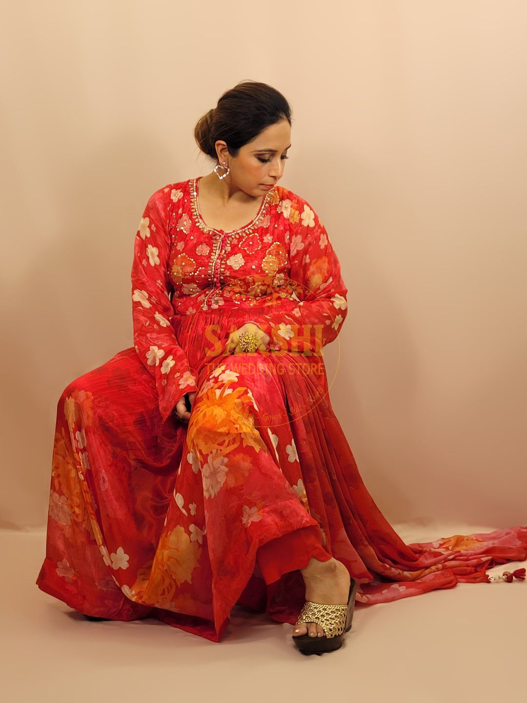 Red Chinnon Digital Print Anarkali Suit