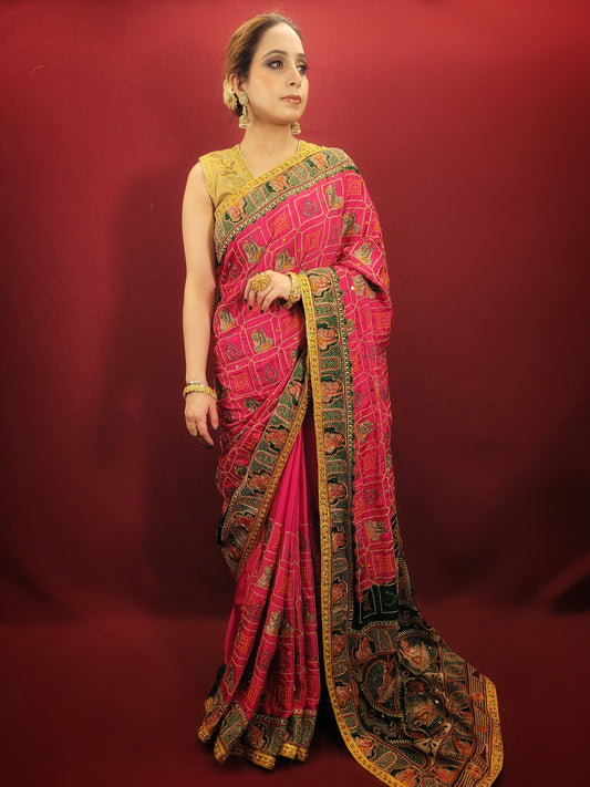 Beautiful Rani Pink Gajji Silk Saree with a gorgeous green pallu that would be perfect for the upcoming wedding season. The saree is embellished with intricate cutdana, zari, and threadwork that truly make it stand out. The silk material gives it a luxurious feel that's sure to make you feel like royalty on your big day. 