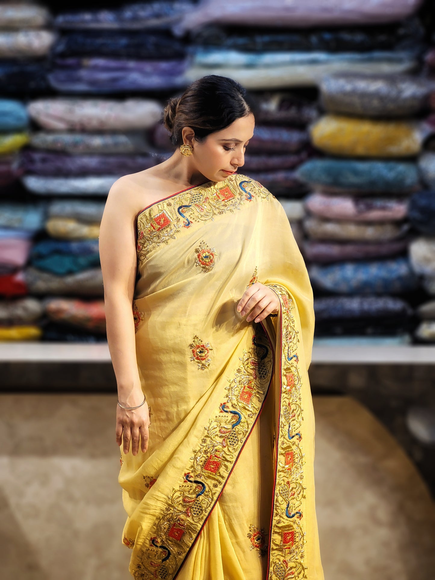 Light Golden Tissue Saree with beautiful embroidery