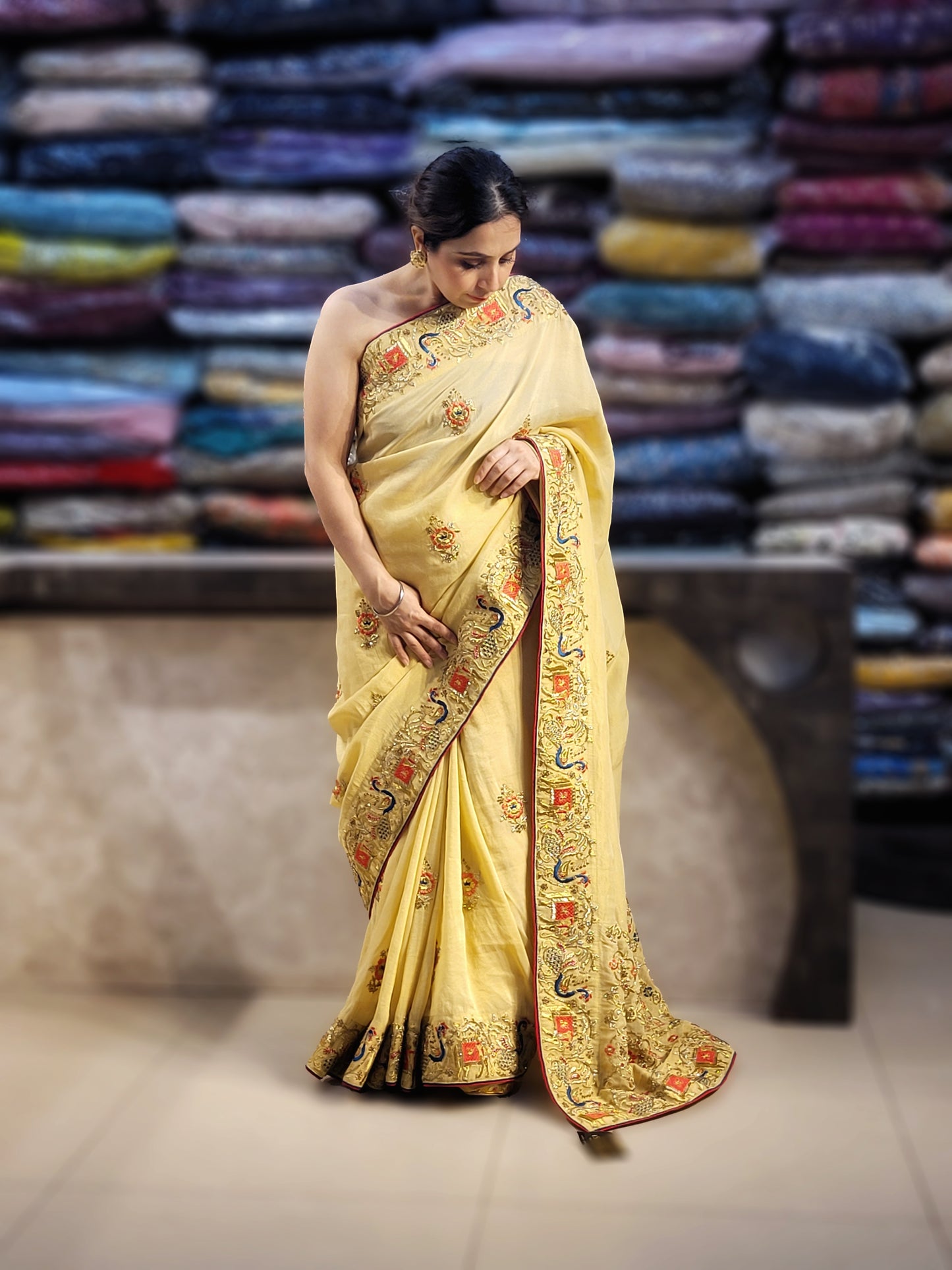 Light Golden Tissue Saree with beautiful embroidery