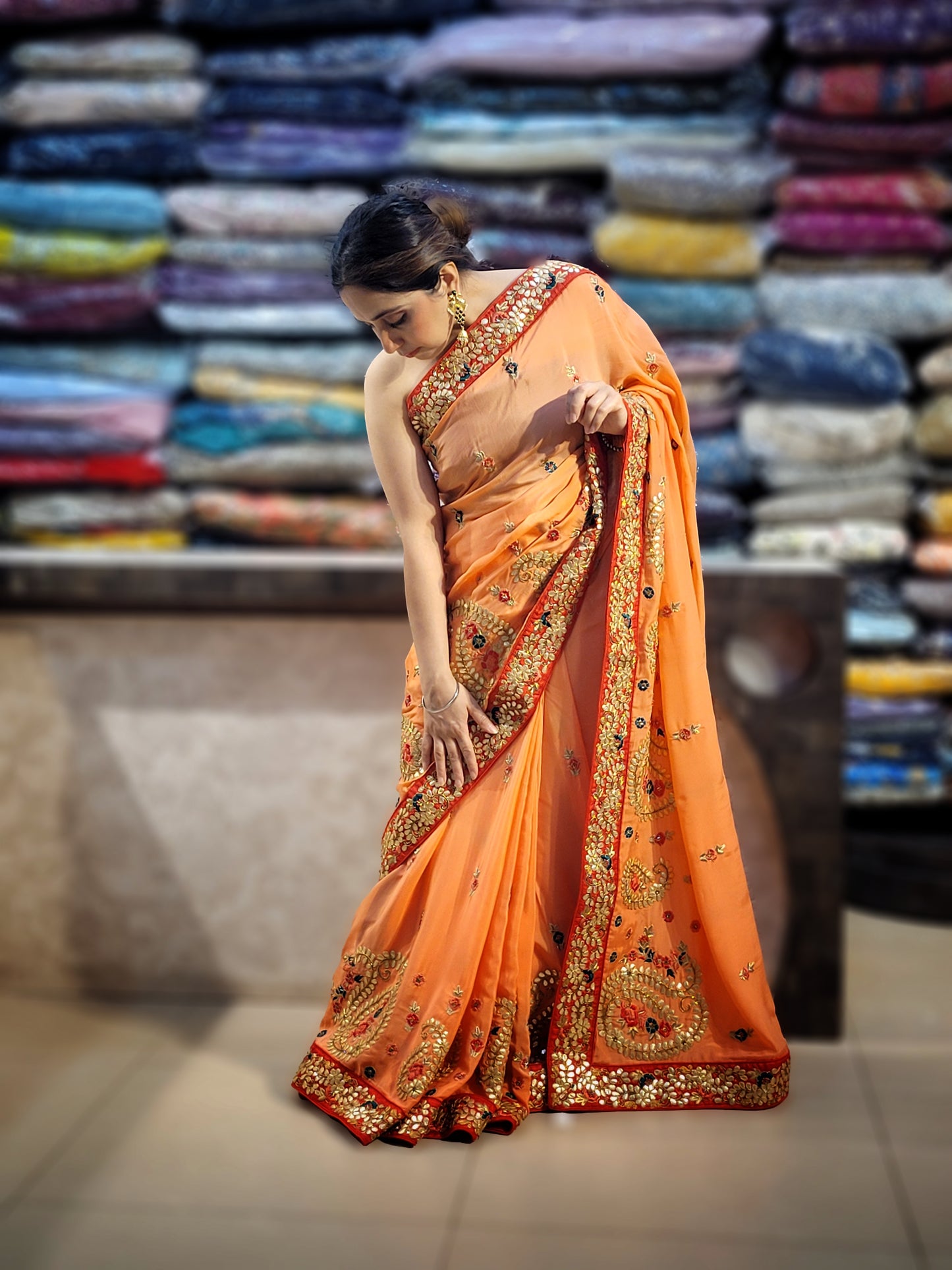 Peach Shaded Crepe Saree with Gota Patti Work