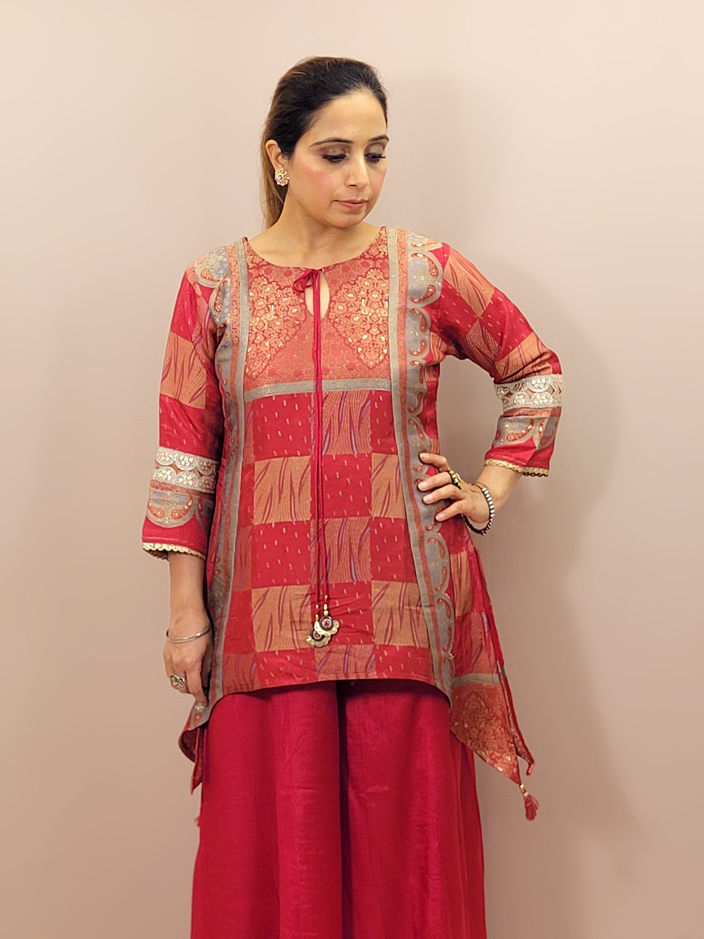 Red muticolor weave Banarasi Co-ord Set. Designer long top with palazzo pants.