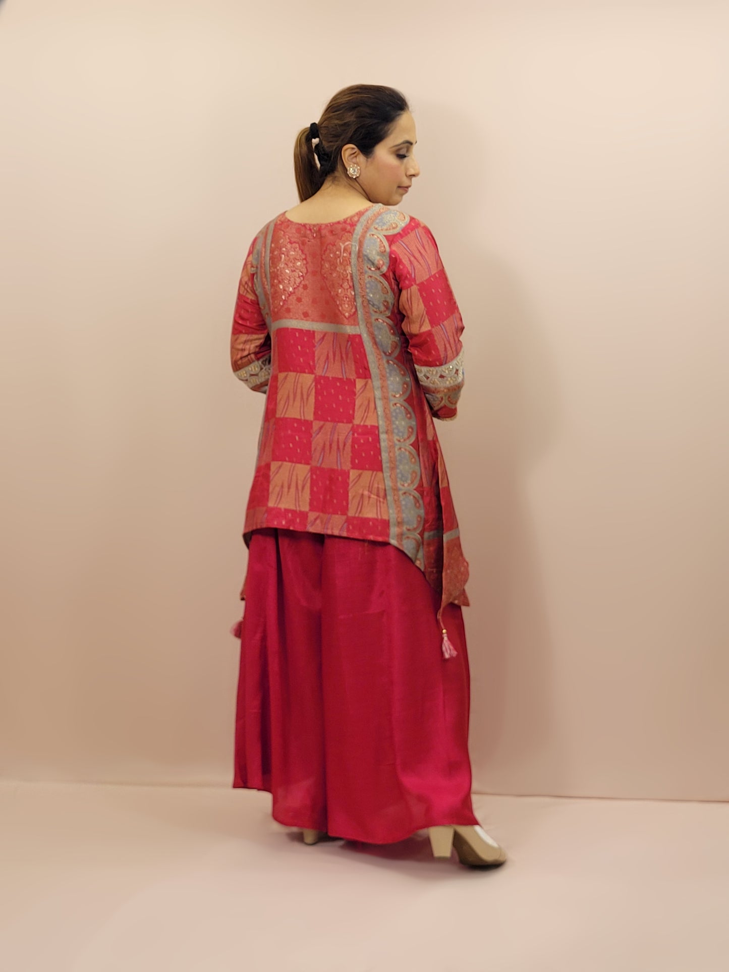Red muticolor weave Banarasi Co-ord Set. Designer long top with palazzo pants.