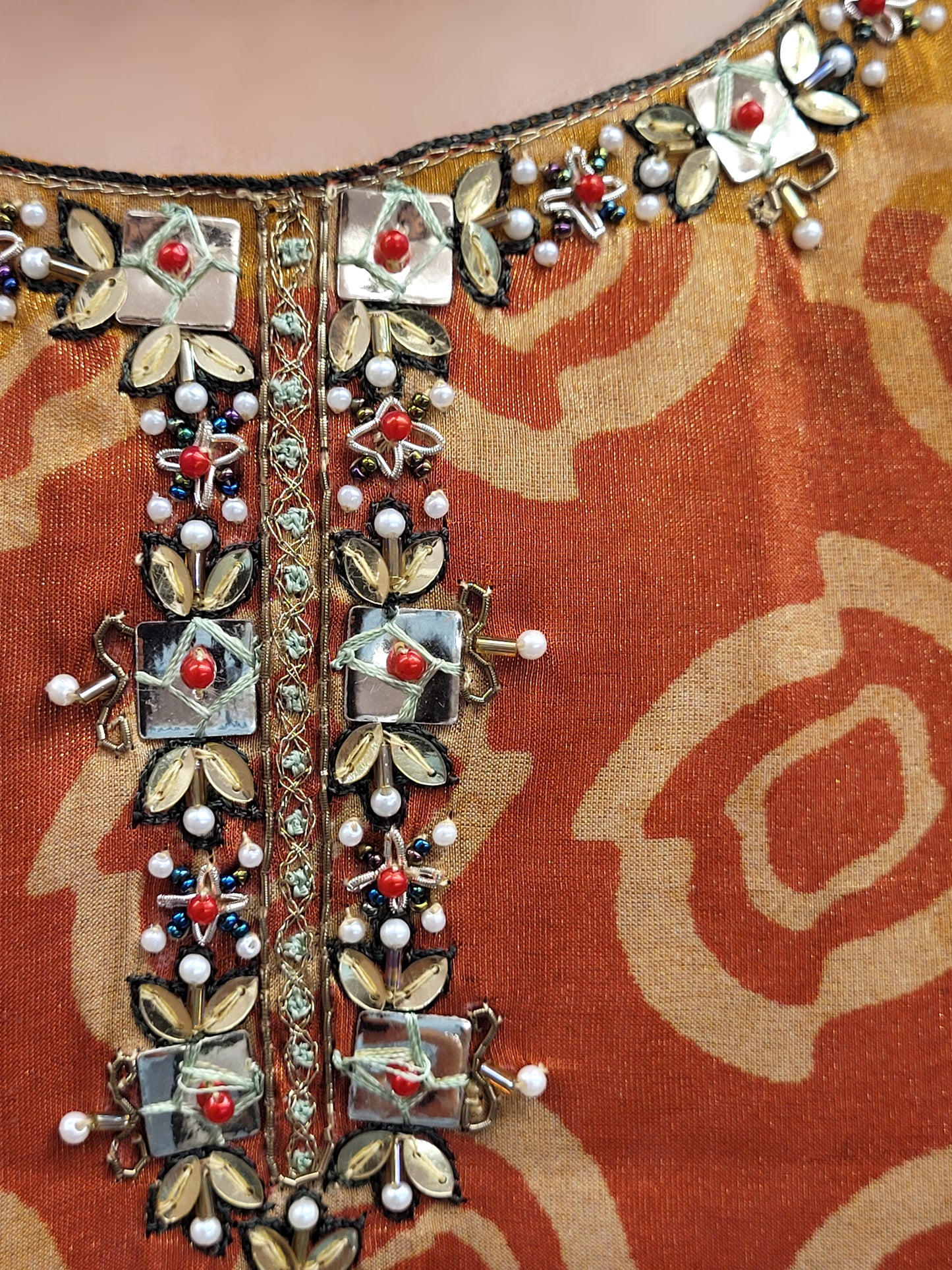 Rust Orange Multicolor Kaftan Co-Ord Set. Beads and Sequins Work on neckline. Matching Plazo.