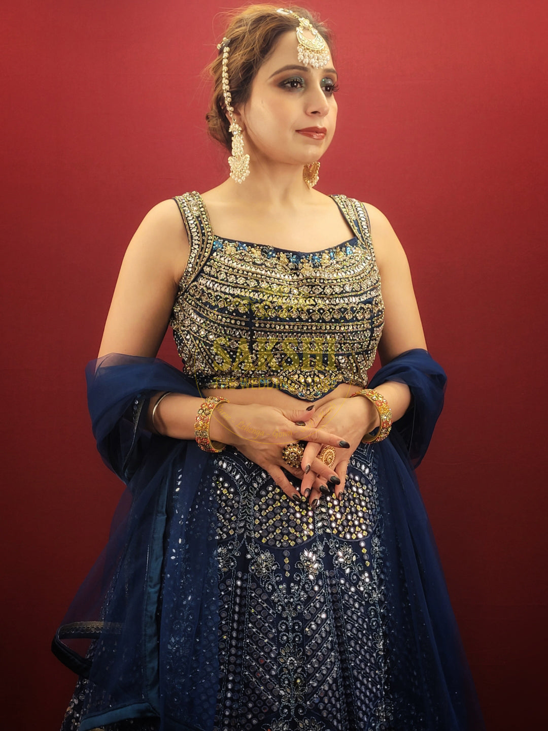 Blue Net Mirror Work Lehenga Choli Set