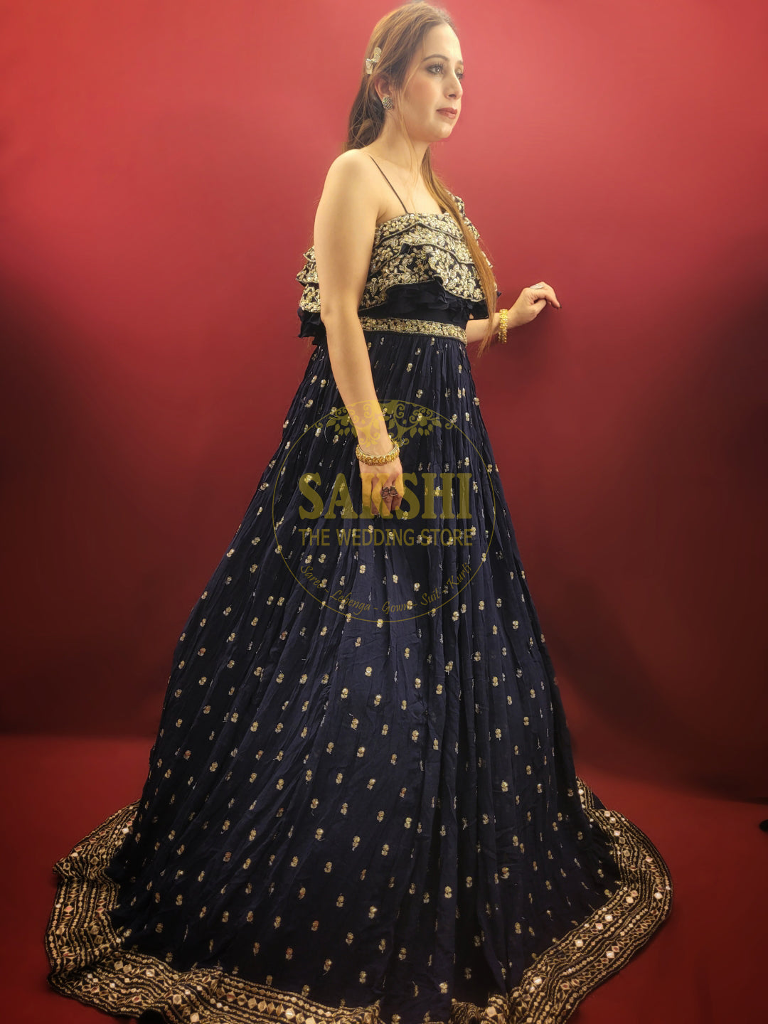 Navy Blue Majesty: One-Shoulder Georgette Gown with Sculpted Details