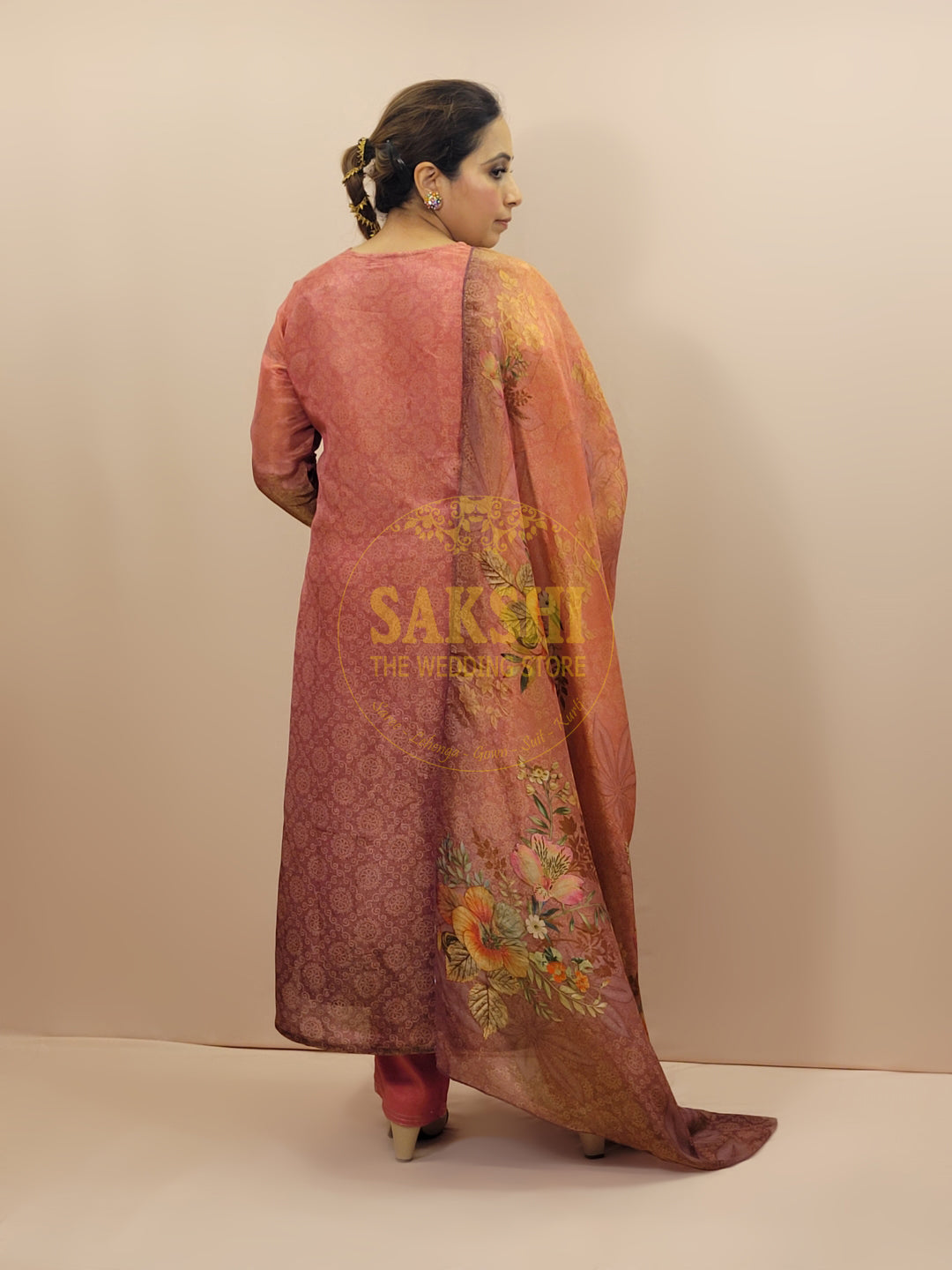 Peach Digital Print Tissue Straight Suit Set