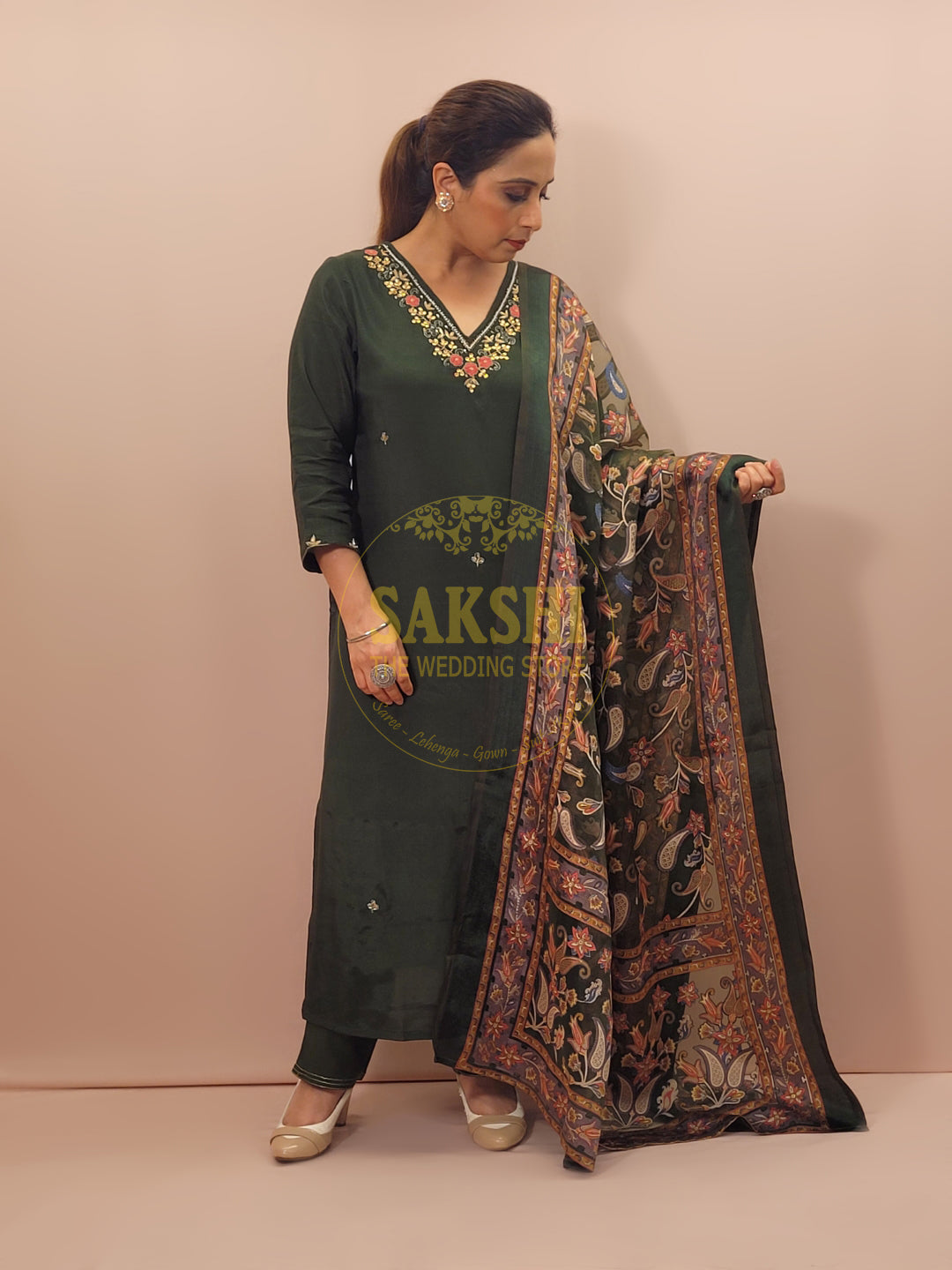 Muslin Green Suit with Designer Brasso Dupatta