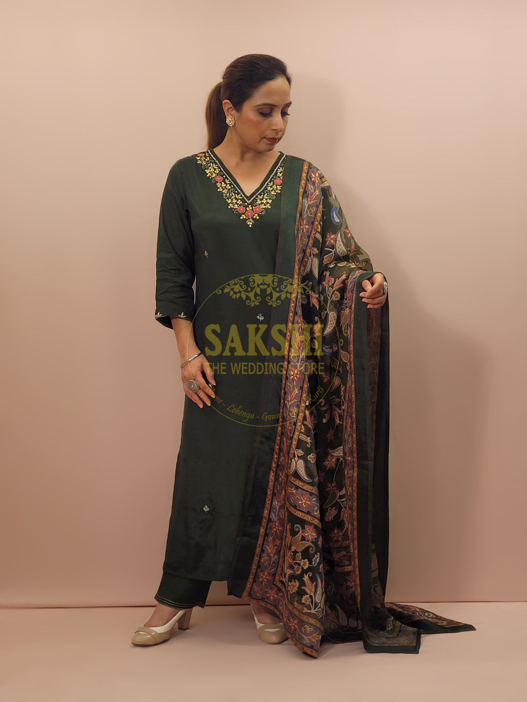 Muslin Green Suit with Designer Brasso Dupatta