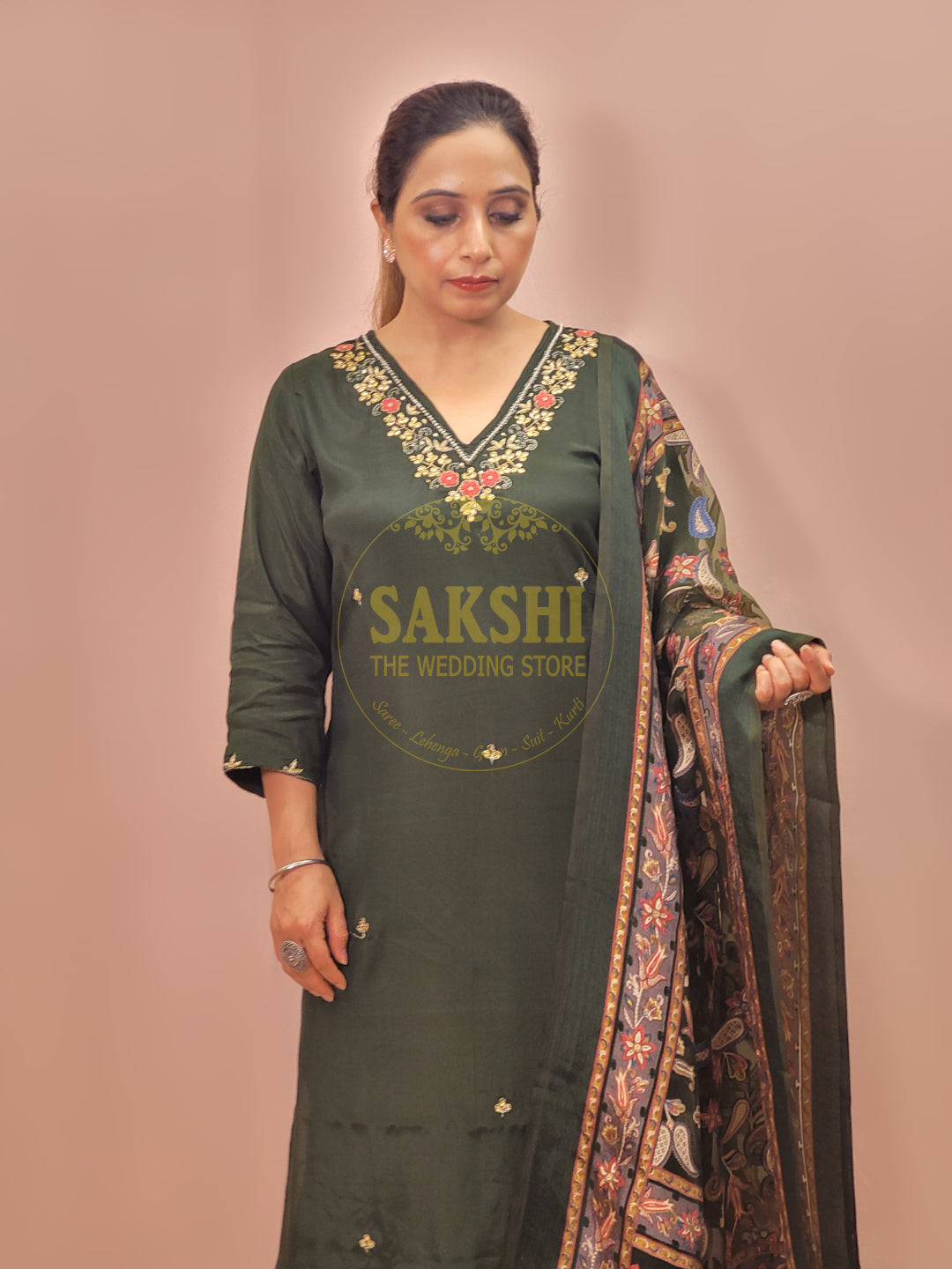 Muslin Green Suit with Designer Brasso Dupatta