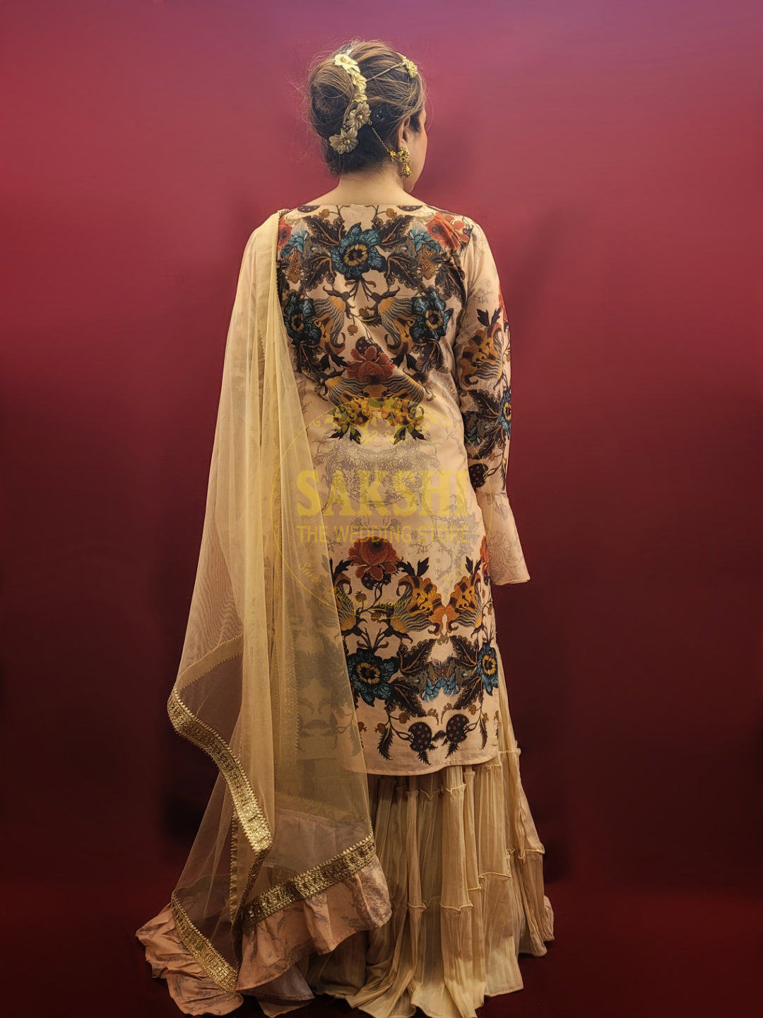 Beige Digital Print Georgette Kameez Sharara Set