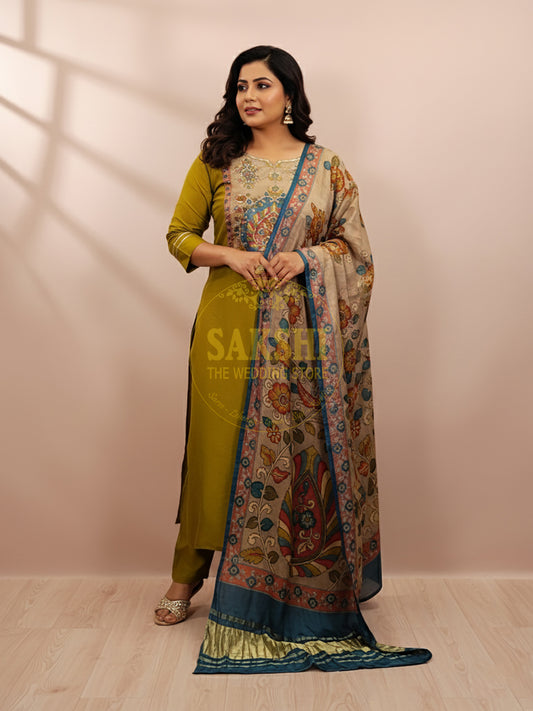 Light Mehendi Green Straight Suit with Gajji Silk Brush Print Dupatta
