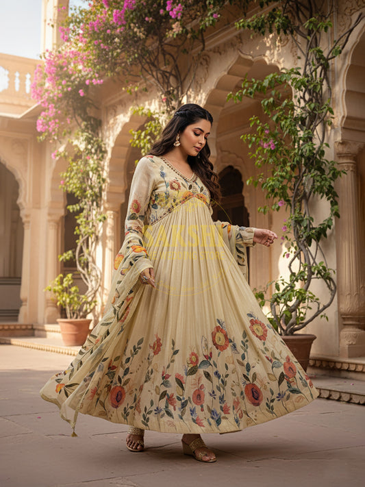 Light Golden Shimmer Tissue Anarkali Suit