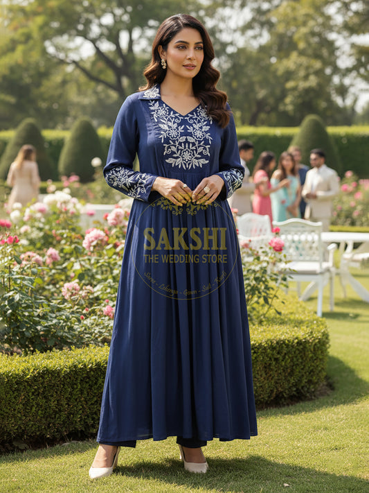 Blue Crepe Flared Kameez with Pants Co-ord Set