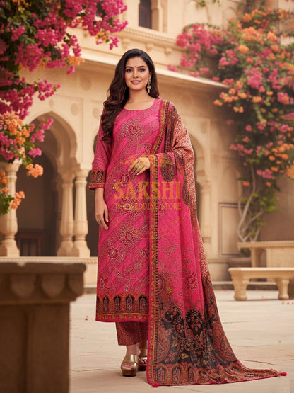 Rani Pink Muslin Straight Suit with Kashmiri Print Dupatta
