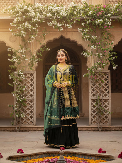 Bottle Green Sharara Set with Angrakha Anarkali Kameez