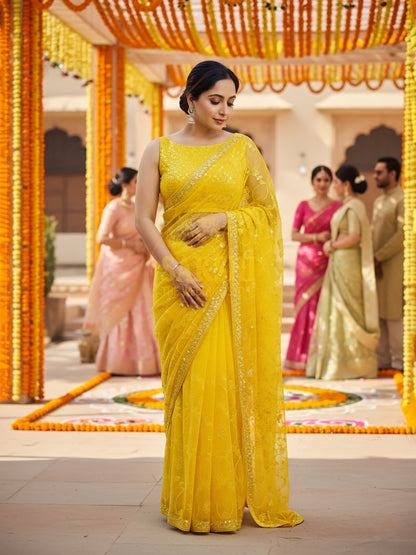 Yellow Chiffon Saree with Resham, Beads, Sequins and Mirror Work