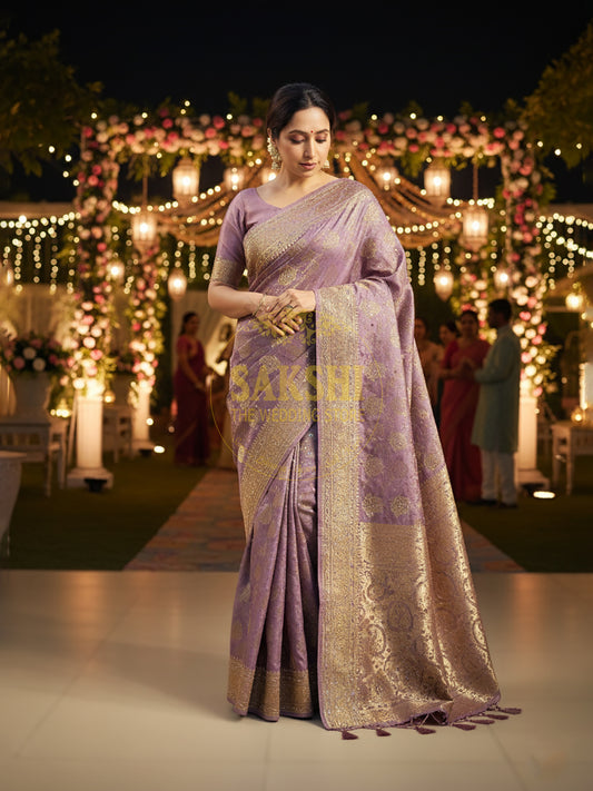 Shimmer Tissue Lavender Handwork Saree