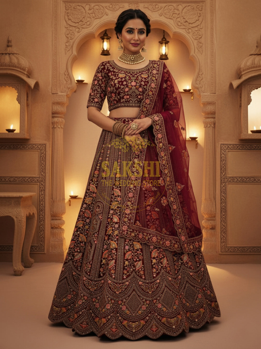 Beautiful Maroon Velvet Multicolor Bridal Lehenga