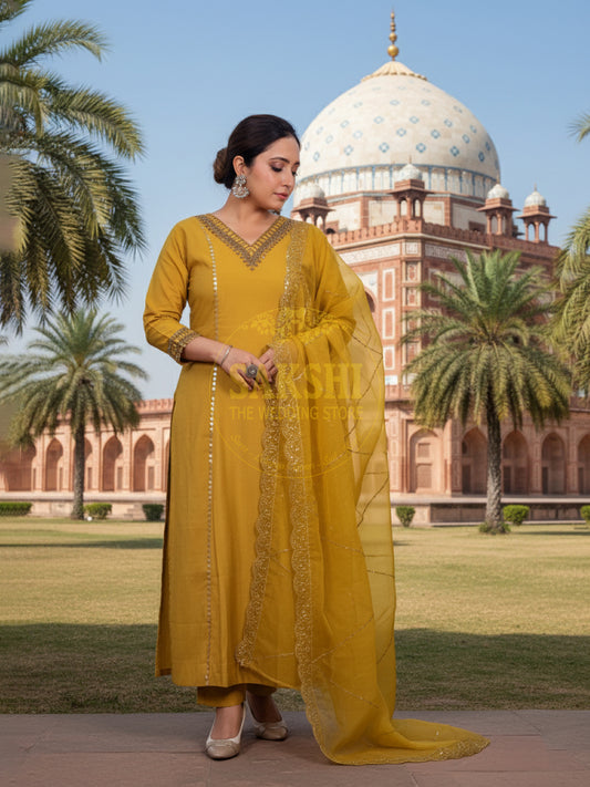 Mustard Yellow V Neck Muslin Suit
