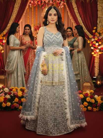 China Blue Chikankari Peplum Lehenga