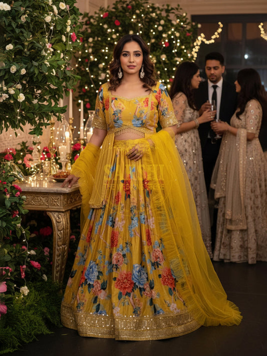 Yellow Multicolor Floral Print Lehenga with Stylish Top