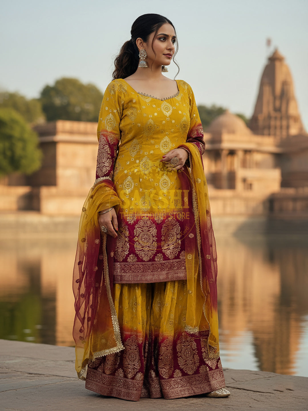 Banarasi Mustard Yellow and Magenta Sharara Suit with Matching Dupatta