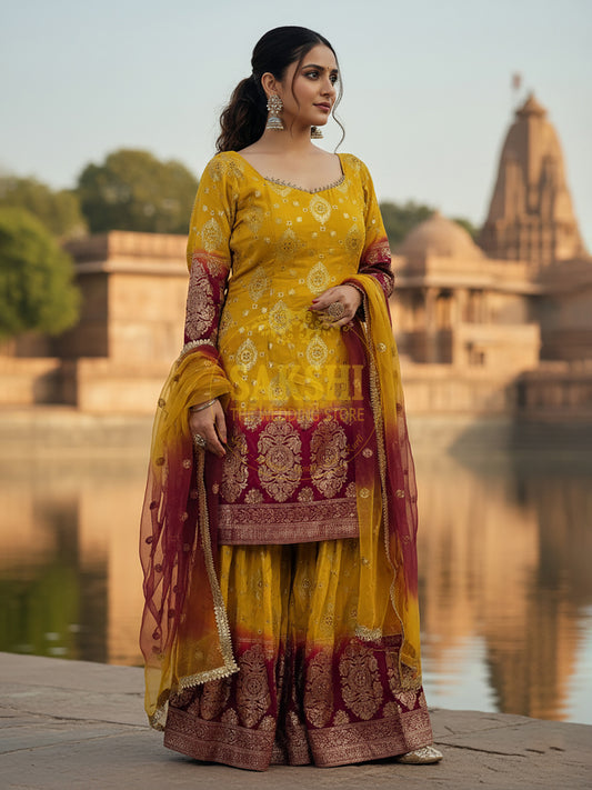 Banarasi Mustard Yellow and Magenta Sharara Suit with Matching Dupatta