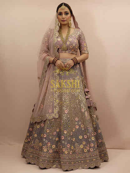 Lavender Net Unstitched Pastel Lehenga