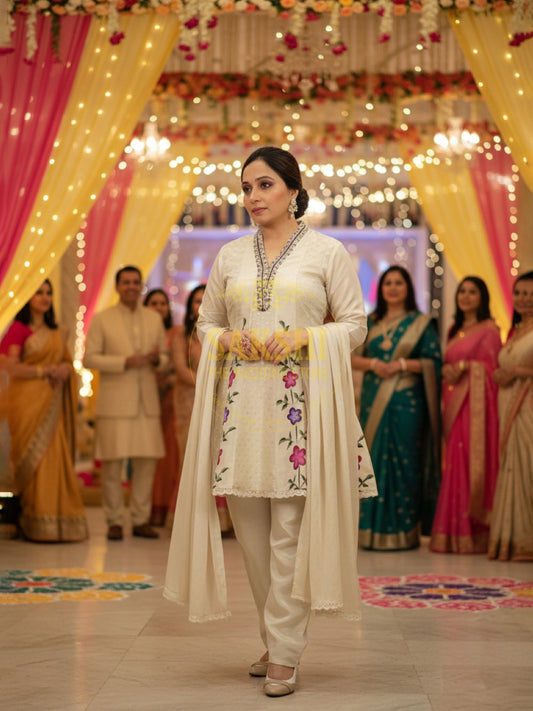 Creme Off White Tissue Anarkali with Pants and Dupatta