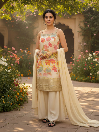 Off White Floral Kurti Sharara with handwork neckline