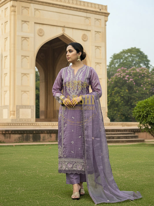 Purple Tissue Kurti Pant Dupatta Set