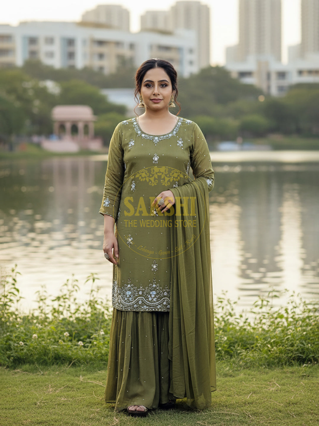 Mehendi Green Handwork Sharara Suit