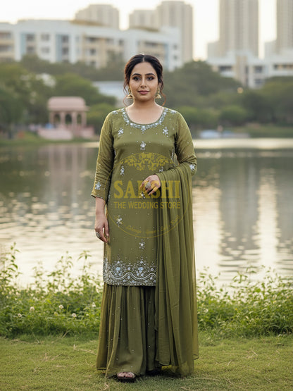 Mehendi Green Handwork Sharara Suit