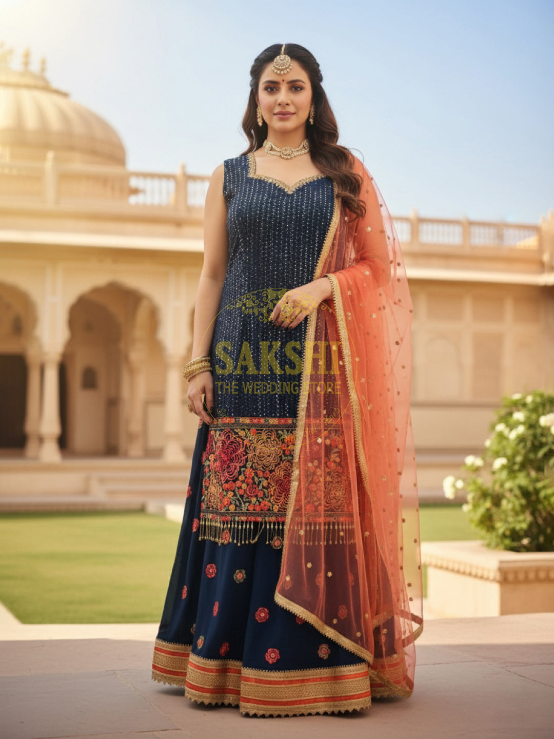 Prussian Blue Party Wear Gharara Dress