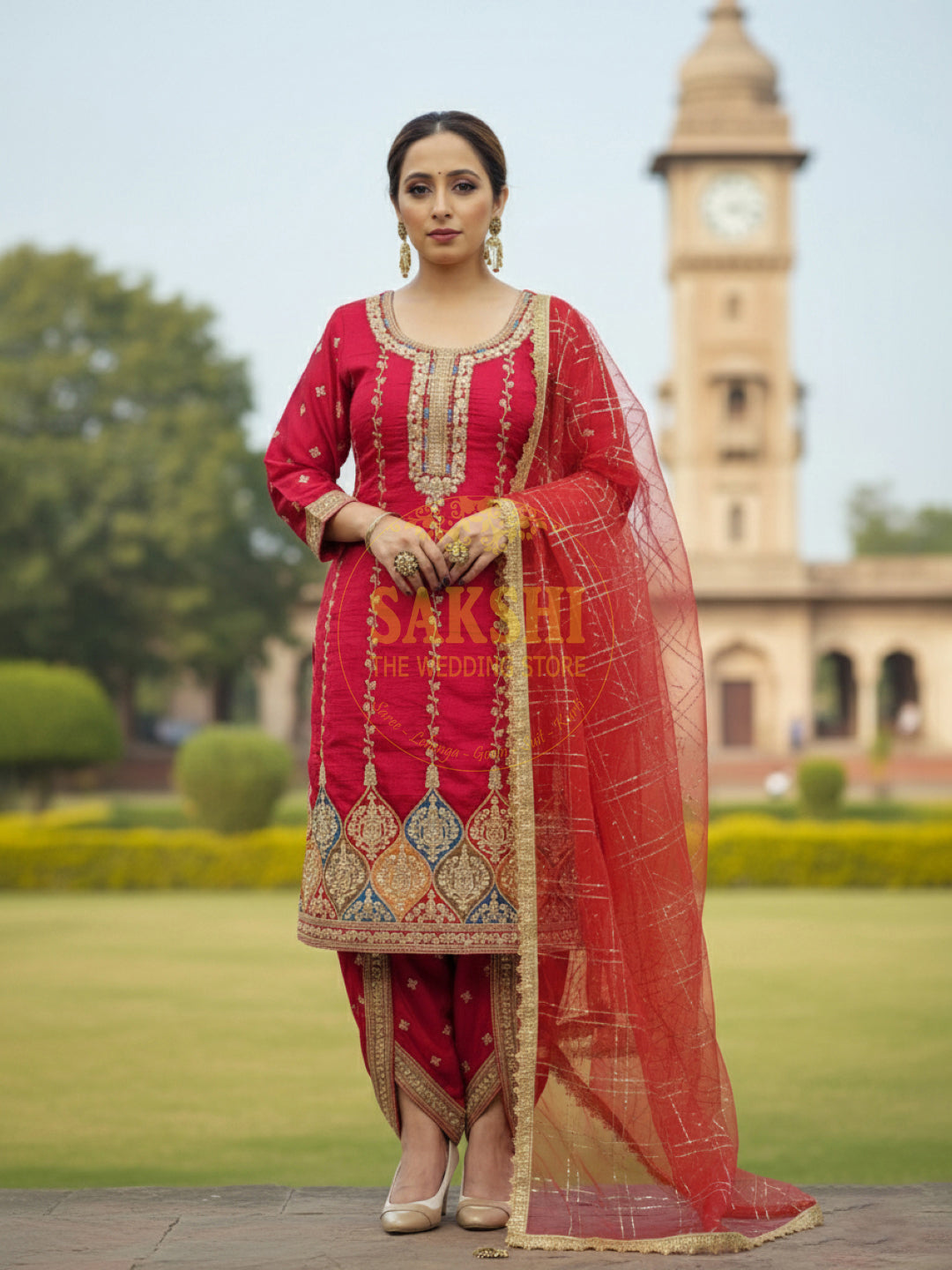 Red Embroidered Salwar Kameez Set (Tulip Pants)