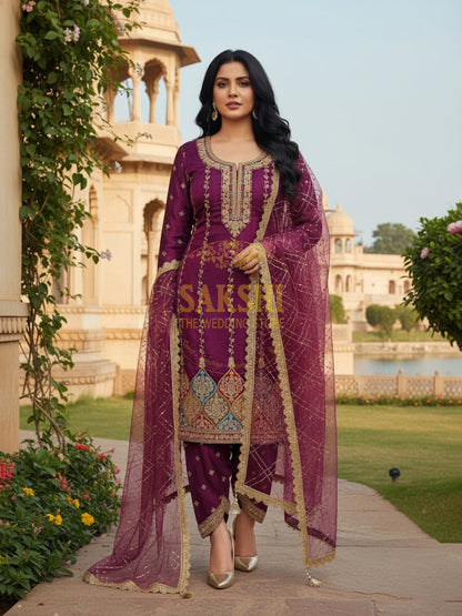 Purple Embroidered Salwar Kameez Set (Tulip Pants)